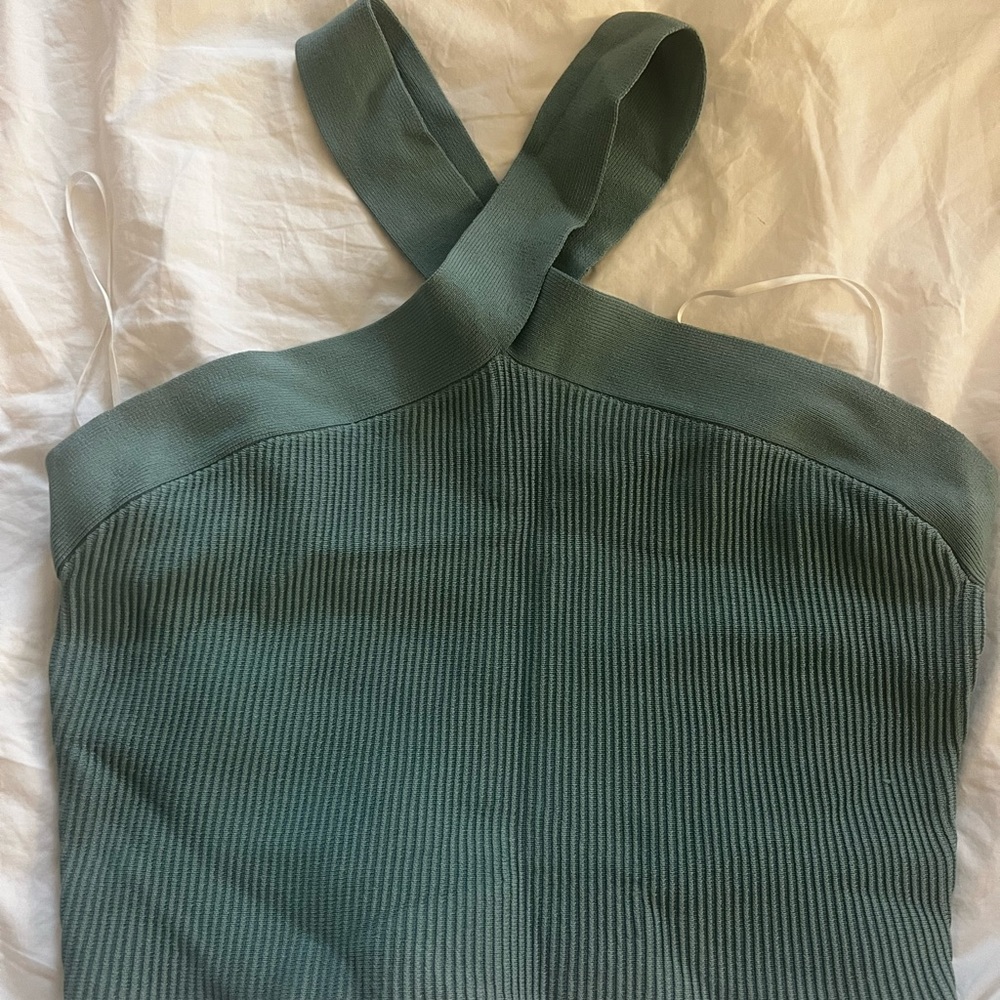 Aritzia Barton Sculpt Knit Criss Cross Cropped Tank Rib Halter Top Blue Green